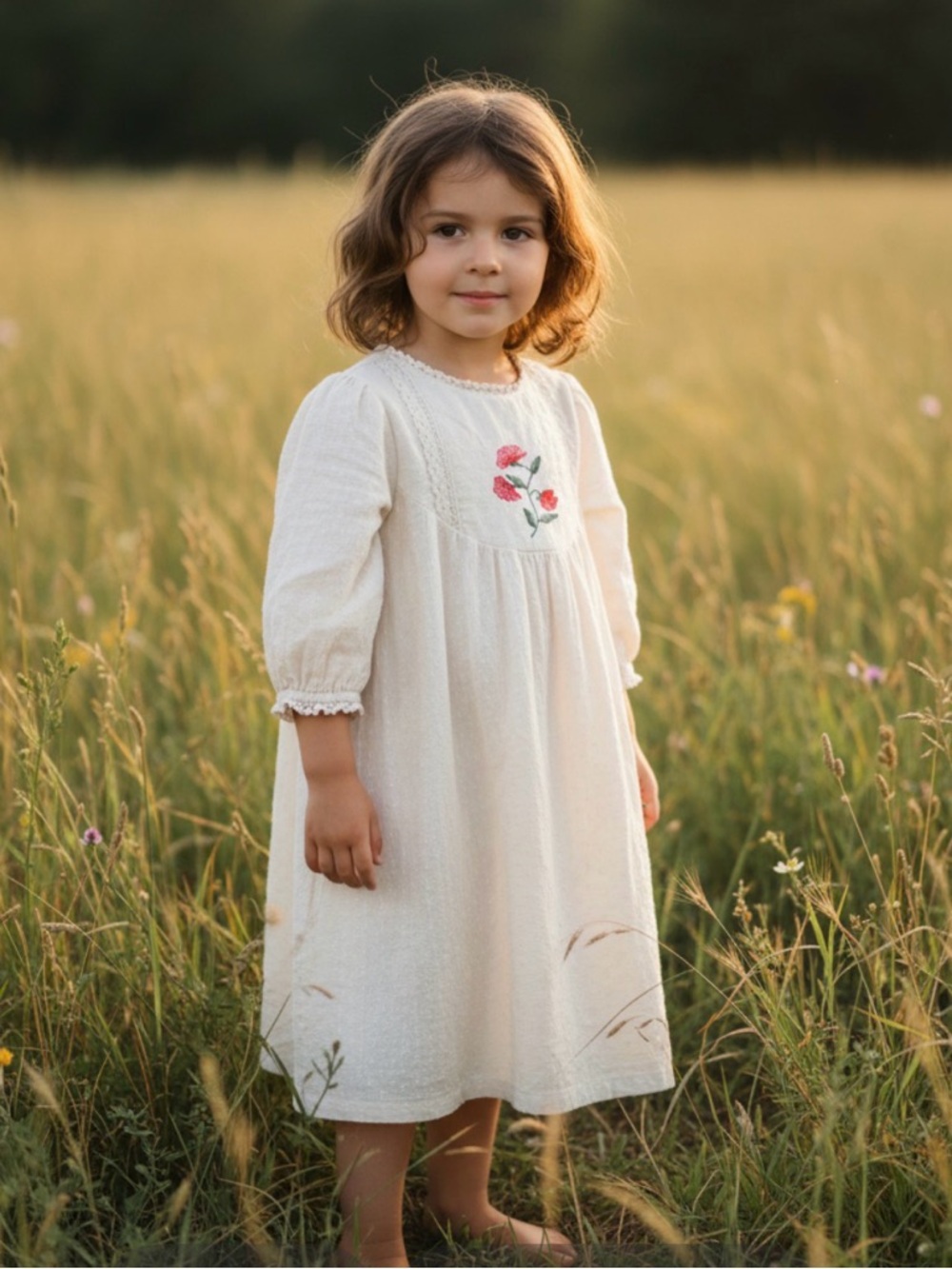 Cottage Inspired Cream Colored Cotton Dress with Red flower Embroidered